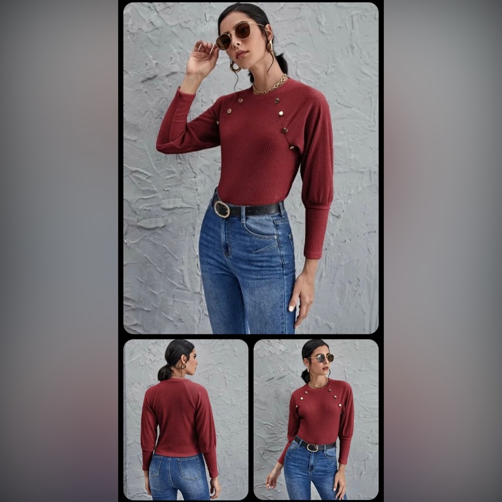 Women Button Detail Raglan Sleeve Rib-knit Tee Burgundy